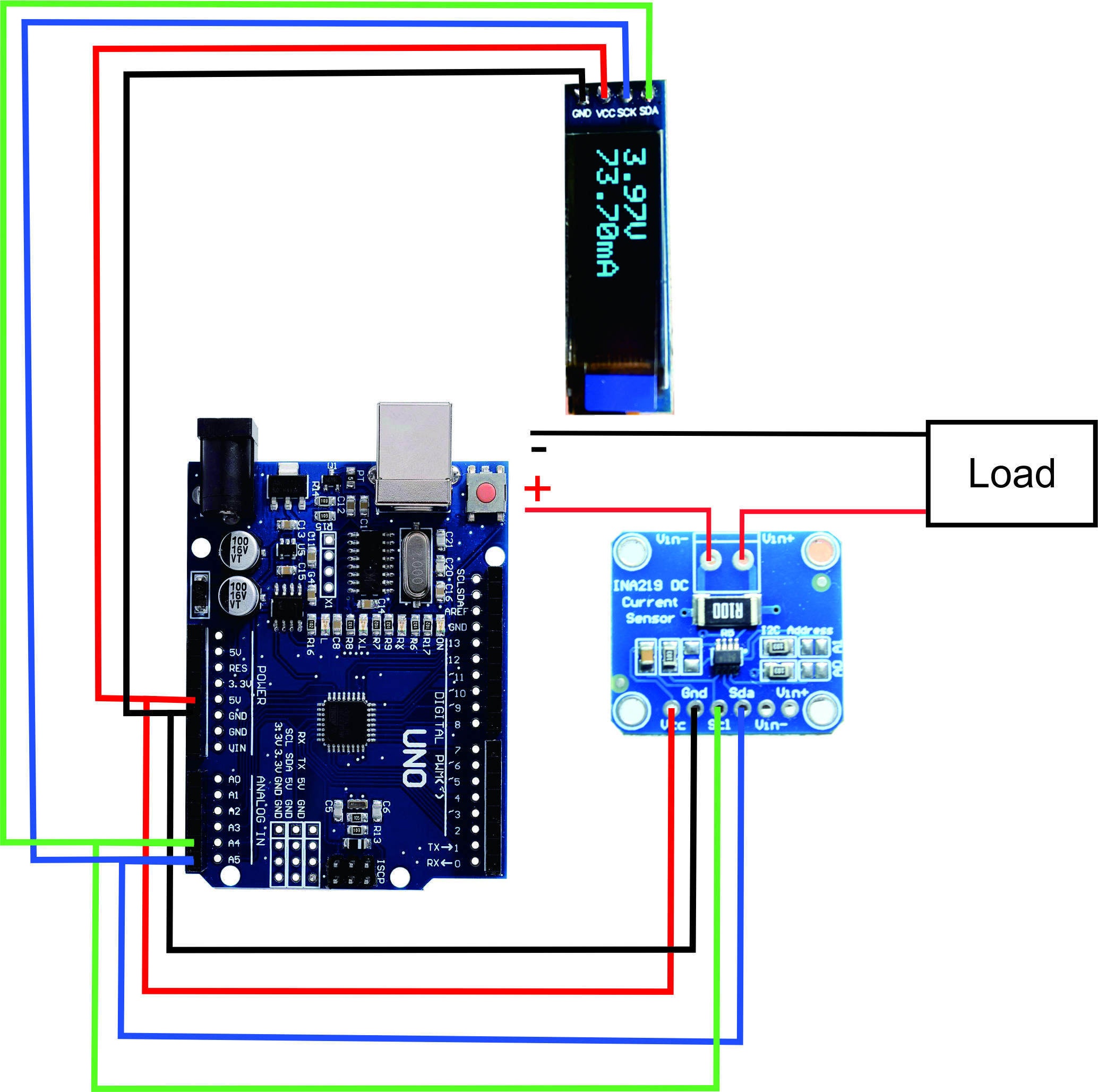 Wattmeter wiring, arduino INA219 and OLED display